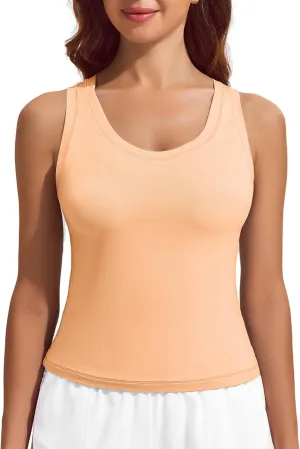 PINSPARK Workout Tops for Women Double Lined Athletic Shirts Scoop Neck Racerback Gym Tanks Sleeveless Tight Crop Yoga Top