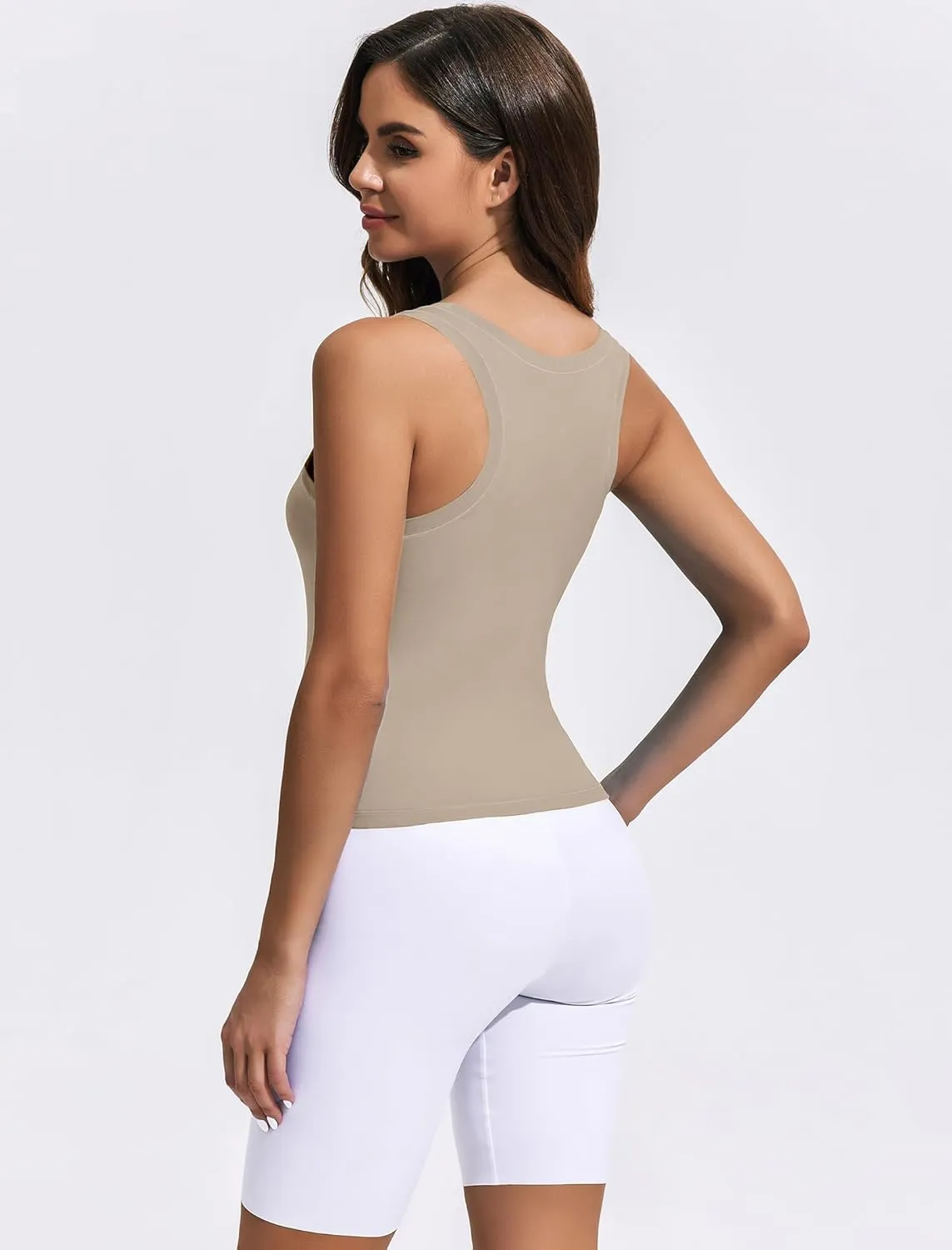PINSPARK Workout Tops for Women Double Lined Athletic Shirts Scoop Neck Racerback Gym Tanks Sleeveless Tight Crop Yoga Top