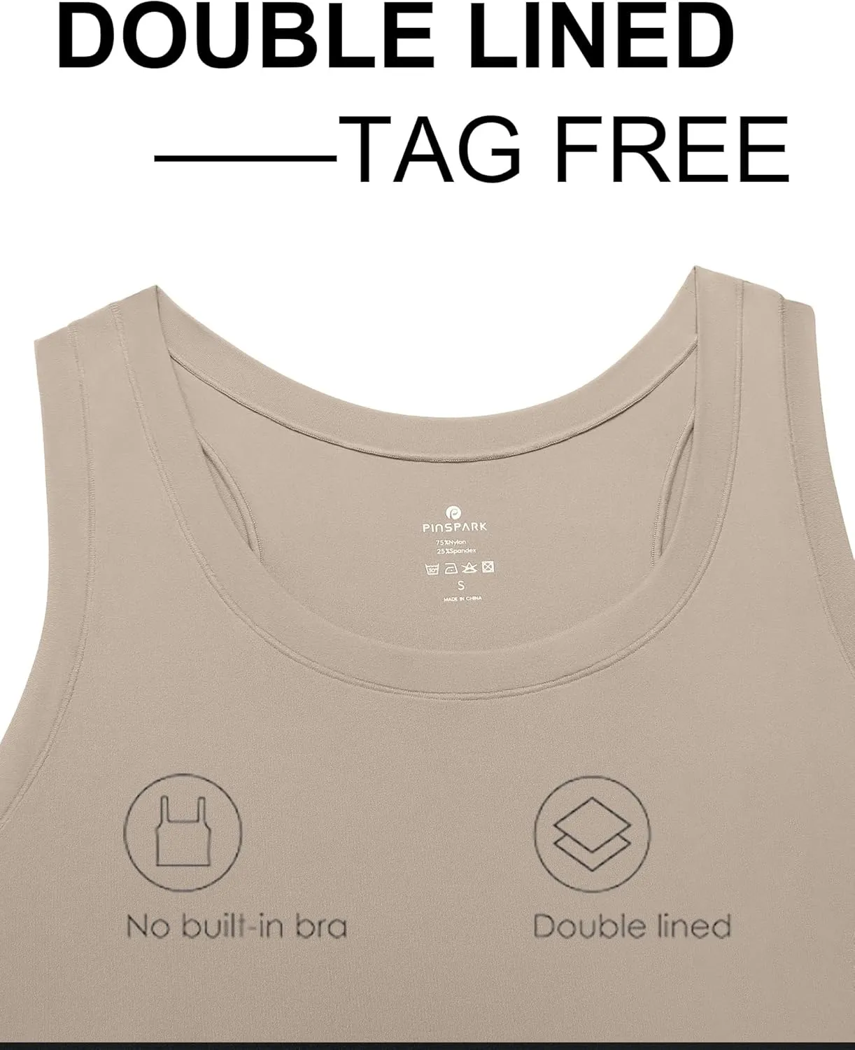 PINSPARK Workout Tops for Women Double Lined Athletic Shirts Scoop Neck Racerback Gym Tanks Sleeveless Tight Crop Yoga Top