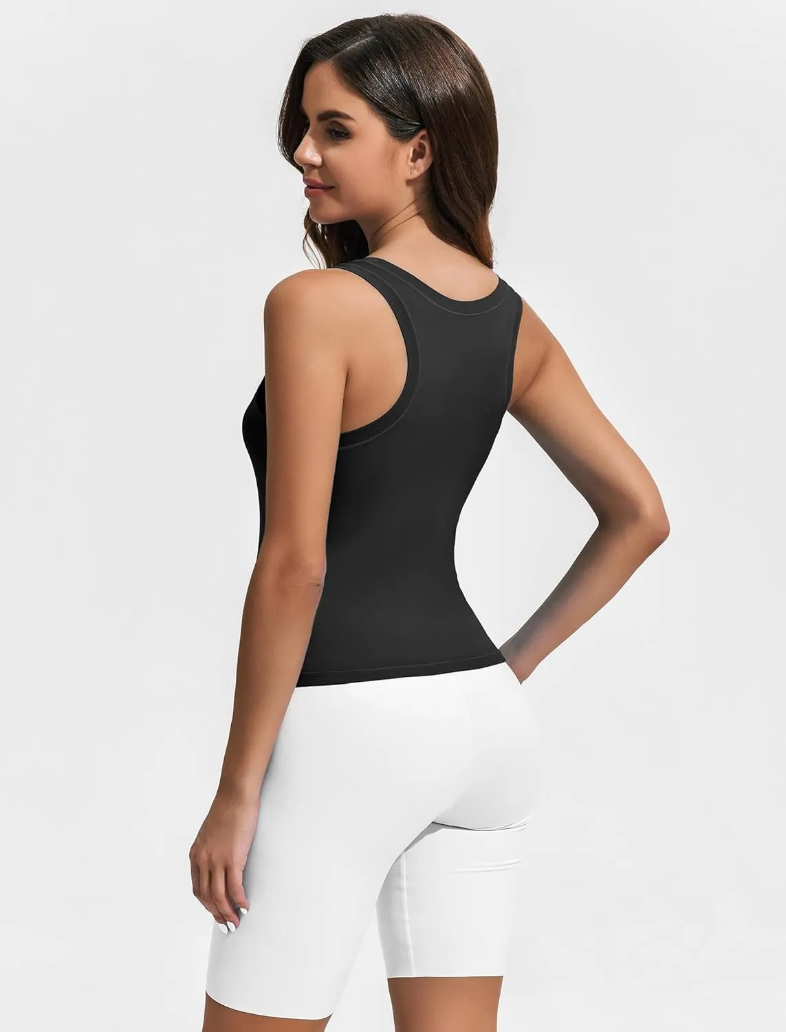 PINSPARK Workout Tops for Women Double Lined Athletic Shirts Scoop Neck Racerback Gym Tanks Sleeveless Tight Crop Yoga Top