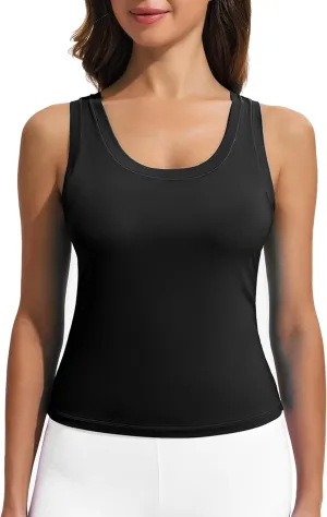 PINSPARK Workout Tops for Women Double Lined Athletic Shirts Scoop Neck Racerback Gym Tanks Sleeveless Tight Crop Yoga Top