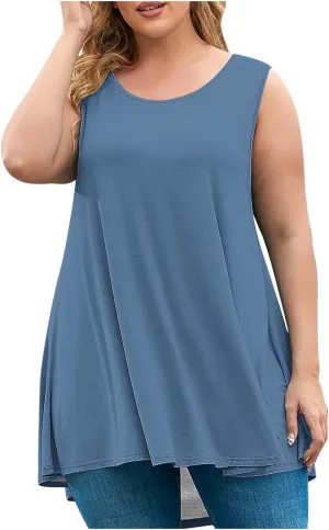 Plus Size Womens Tank Tops Round Neck Loose Fitting Sleeveless Tshirts Pleated Summer Flowy Maternity Tunic Top