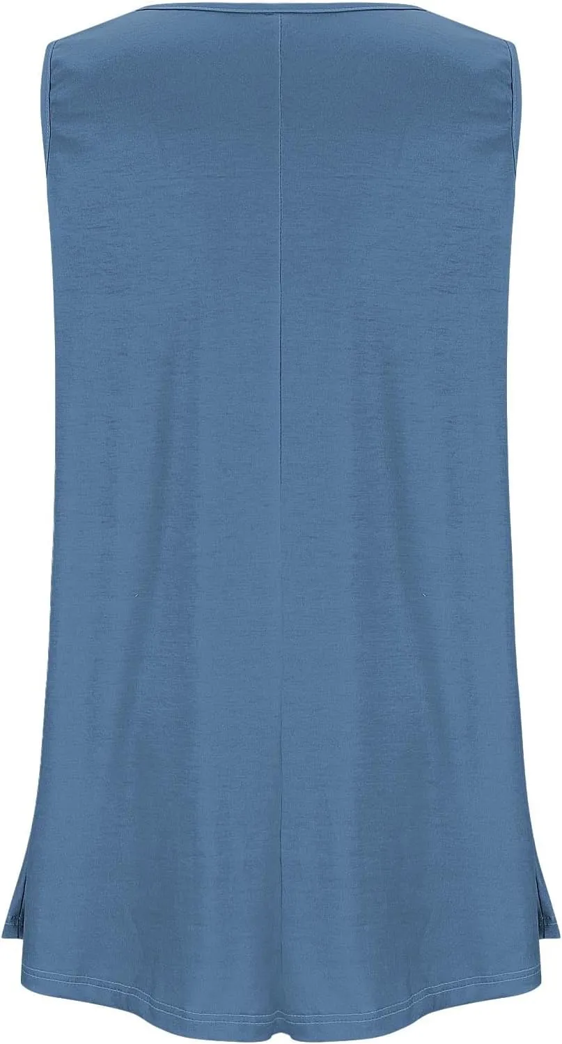 Plus Size Womens Tank Tops Round Neck Loose Fitting Sleeveless Tshirts Pleated Summer Flowy Maternity Tunic Top