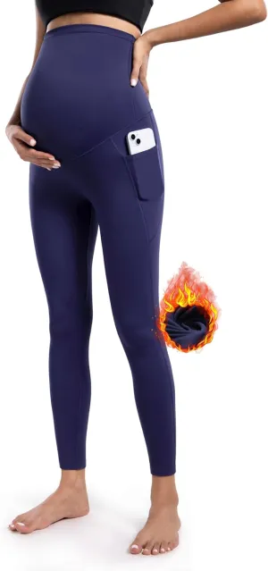 POSHDIVAH Women's Maternity Fleece Lined Leggings with Pockets Over The Belly Pregnancy Thermal Warm Winter Workout Pants
