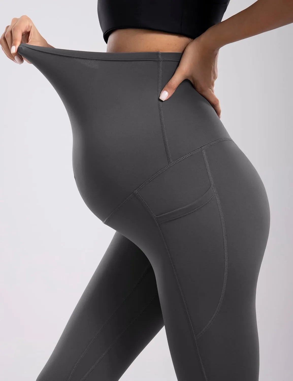 POSHDIVAH Women's Maternity Fleece Lined Leggings with Pockets Over The Belly Pregnancy Thermal Warm Winter Workout Pants