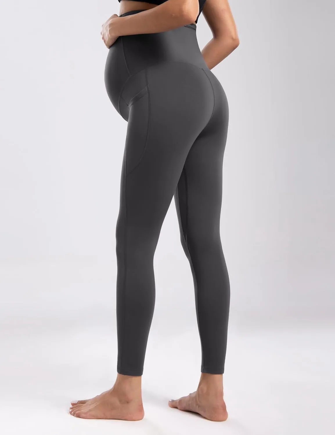 POSHDIVAH Women's Maternity Fleece Lined Leggings with Pockets Over The Belly Pregnancy Thermal Warm Winter Workout Pants