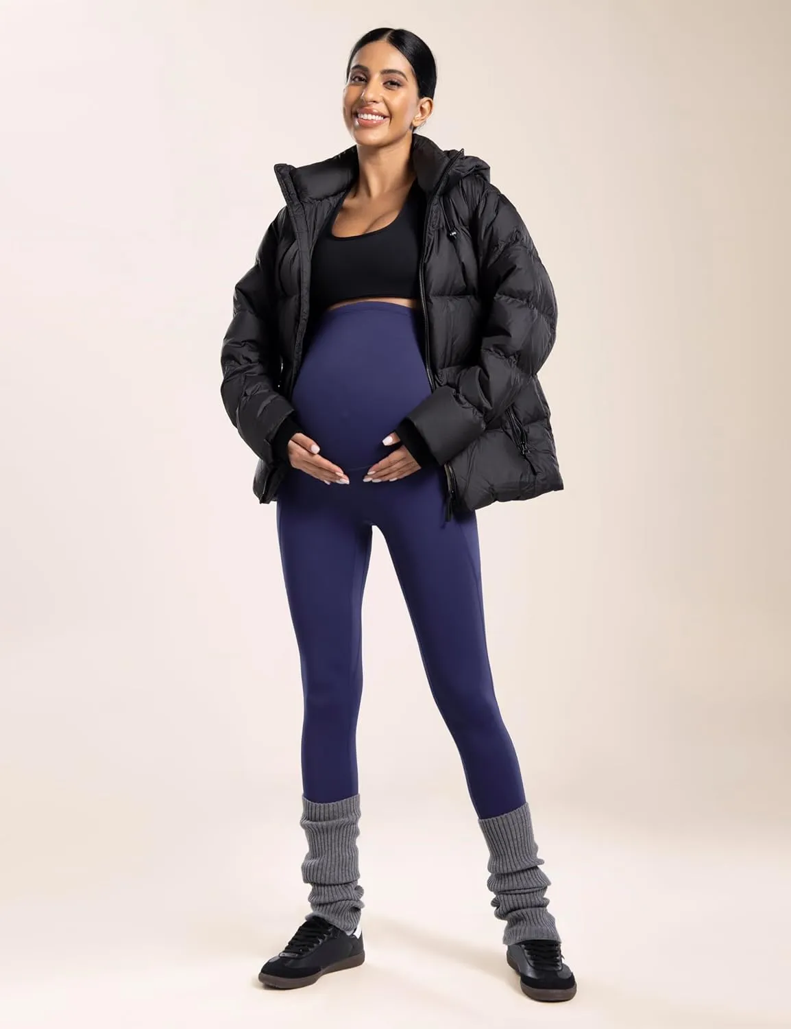 POSHDIVAH Women's Maternity Fleece Lined Leggings with Pockets Over The Belly Pregnancy Thermal Warm Winter Workout Pants