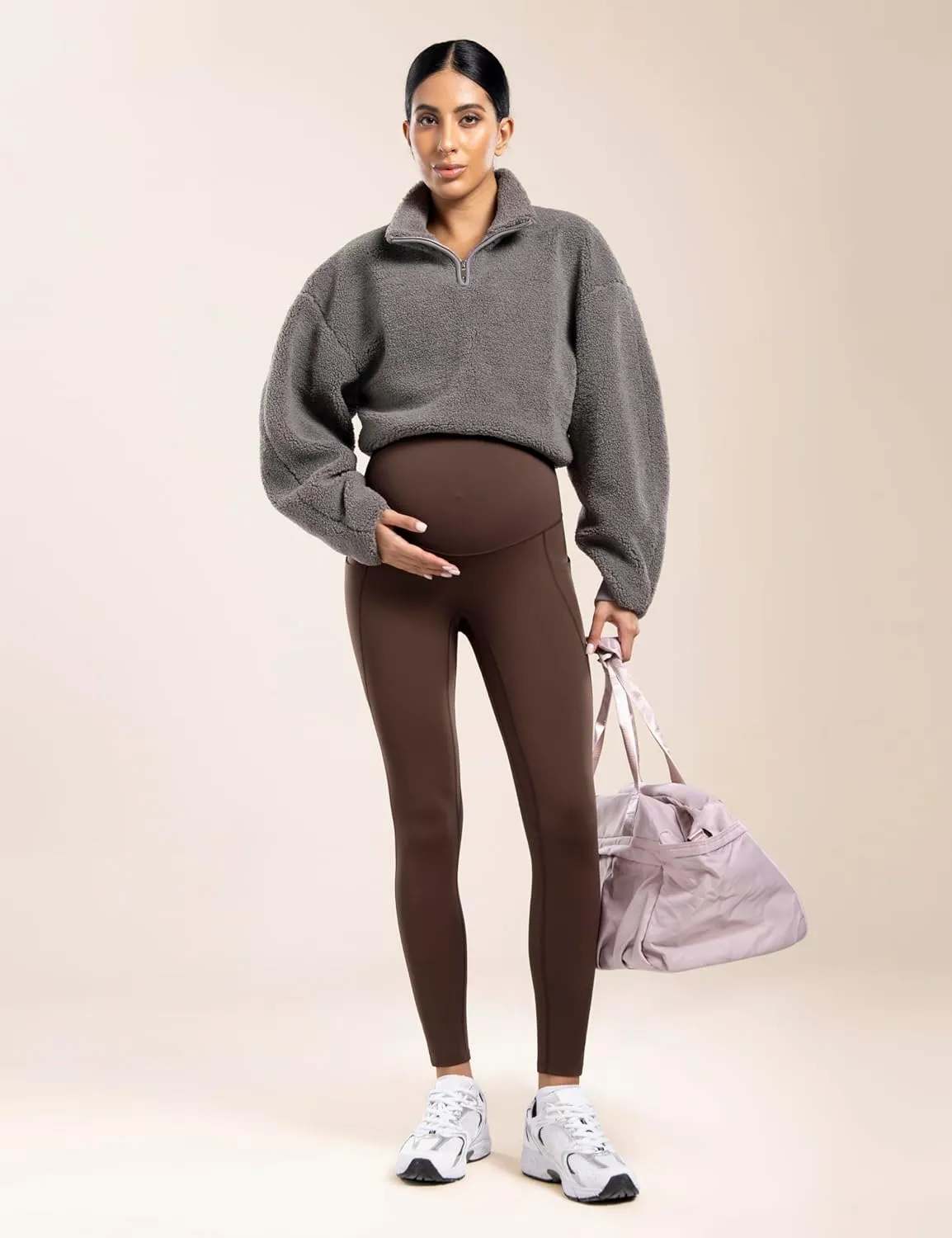 POSHDIVAH Women's Maternity Fleece Lined Leggings with Pockets Over The Belly Pregnancy Thermal Warm Winter Workout Pants