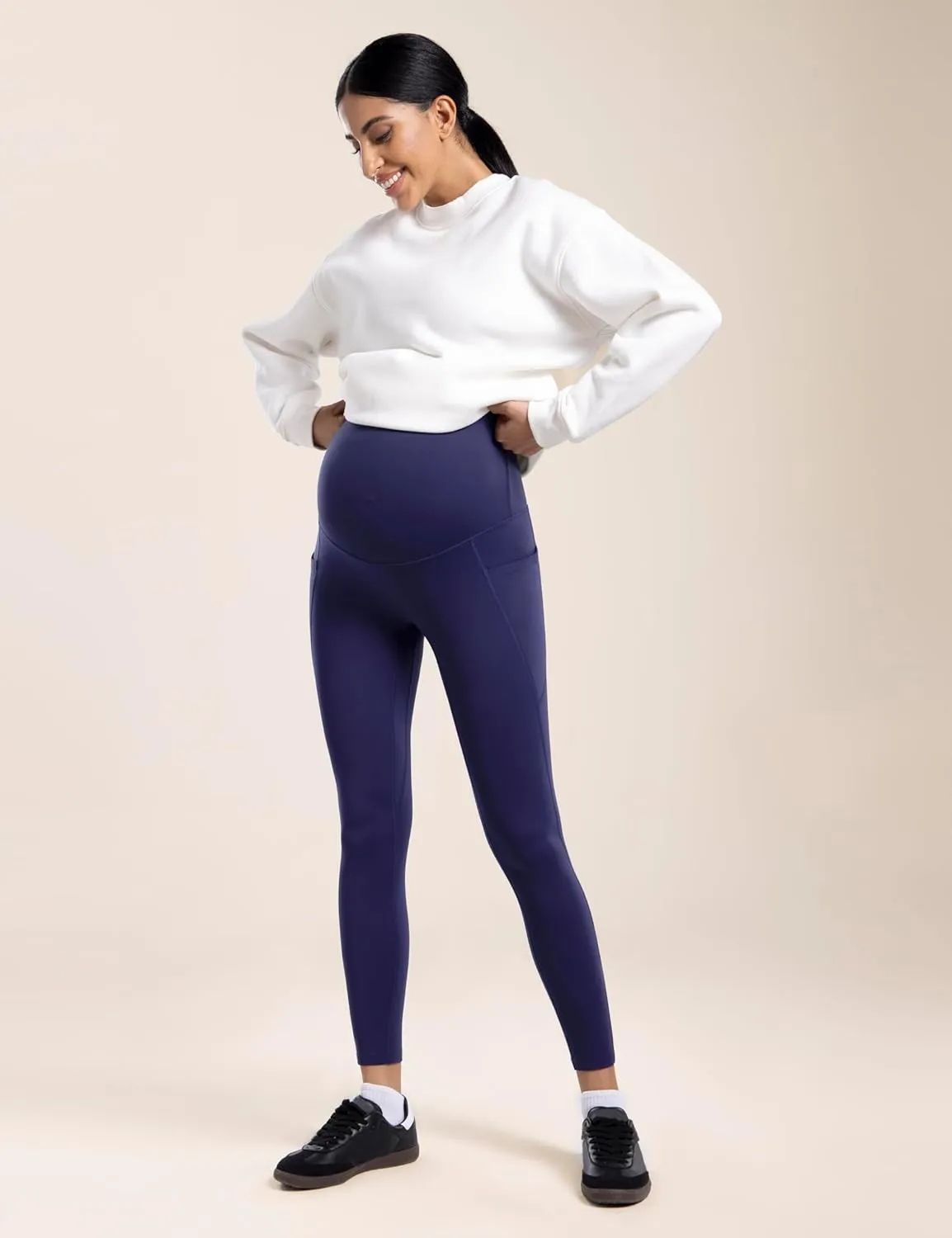 POSHDIVAH Women's Maternity Fleece Lined Leggings with Pockets Over The Belly Pregnancy Thermal Warm Winter Workout Pants