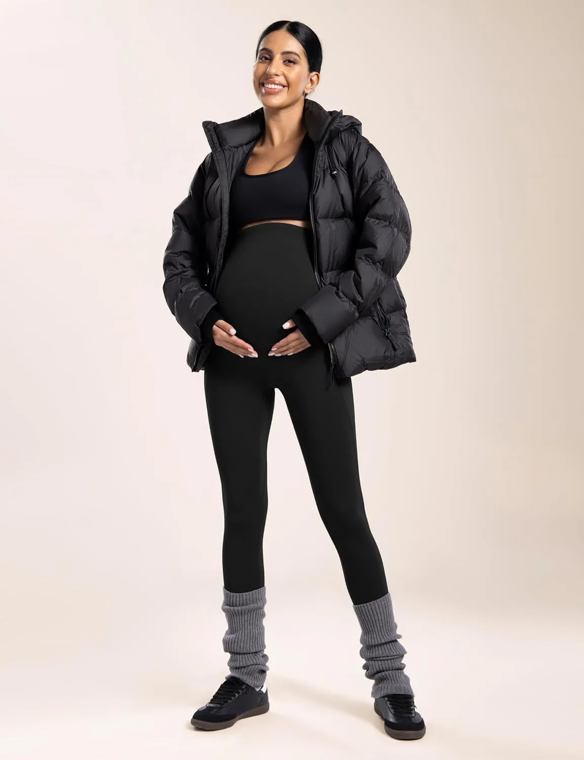 POSHDIVAH Women's Maternity Fleece Lined Leggings with Pockets Over The Belly Pregnancy Thermal Warm Winter Workout Pants