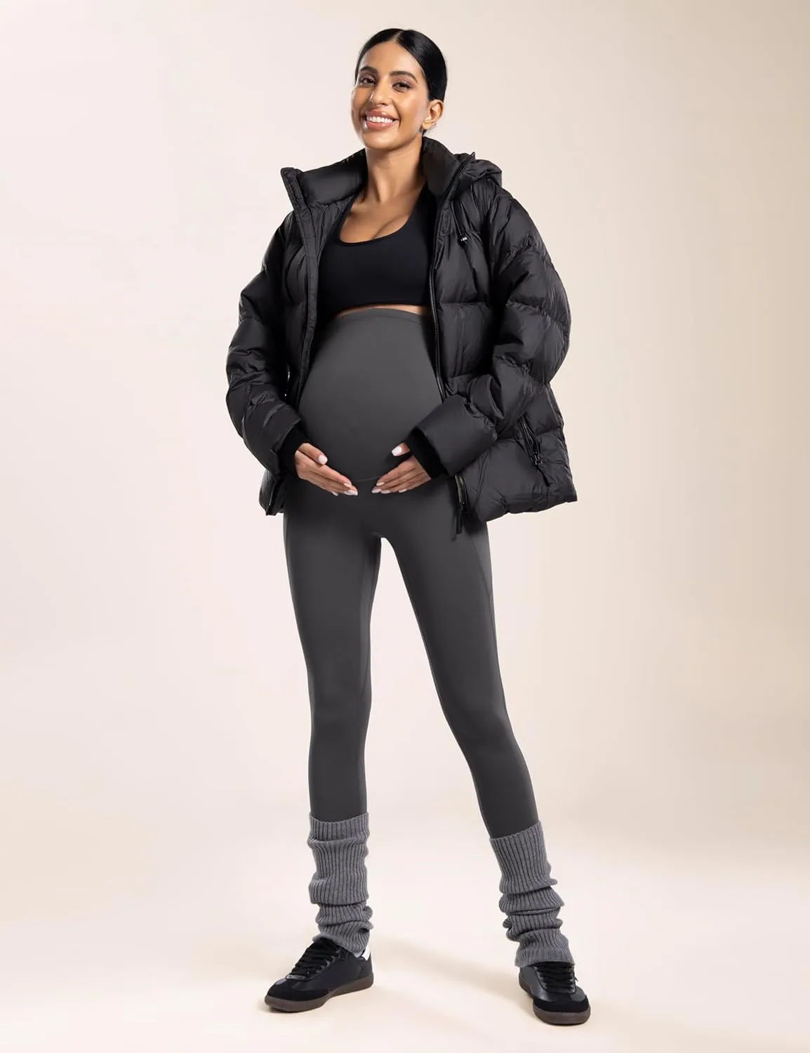 POSHDIVAH Women's Maternity Fleece Lined Leggings with Pockets Over The Belly Pregnancy Thermal Warm Winter Workout Pants