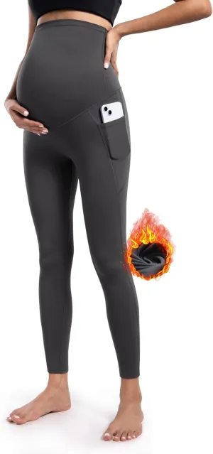 POSHDIVAH Women's Maternity Fleece Lined Leggings with Pockets Over The Belly Pregnancy Thermal Warm Winter Workout Pants