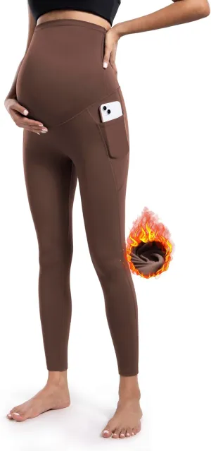 POSHDIVAH Women's Maternity Fleece Lined Leggings with Pockets Over The Belly Pregnancy Thermal Warm Winter Workout Pants