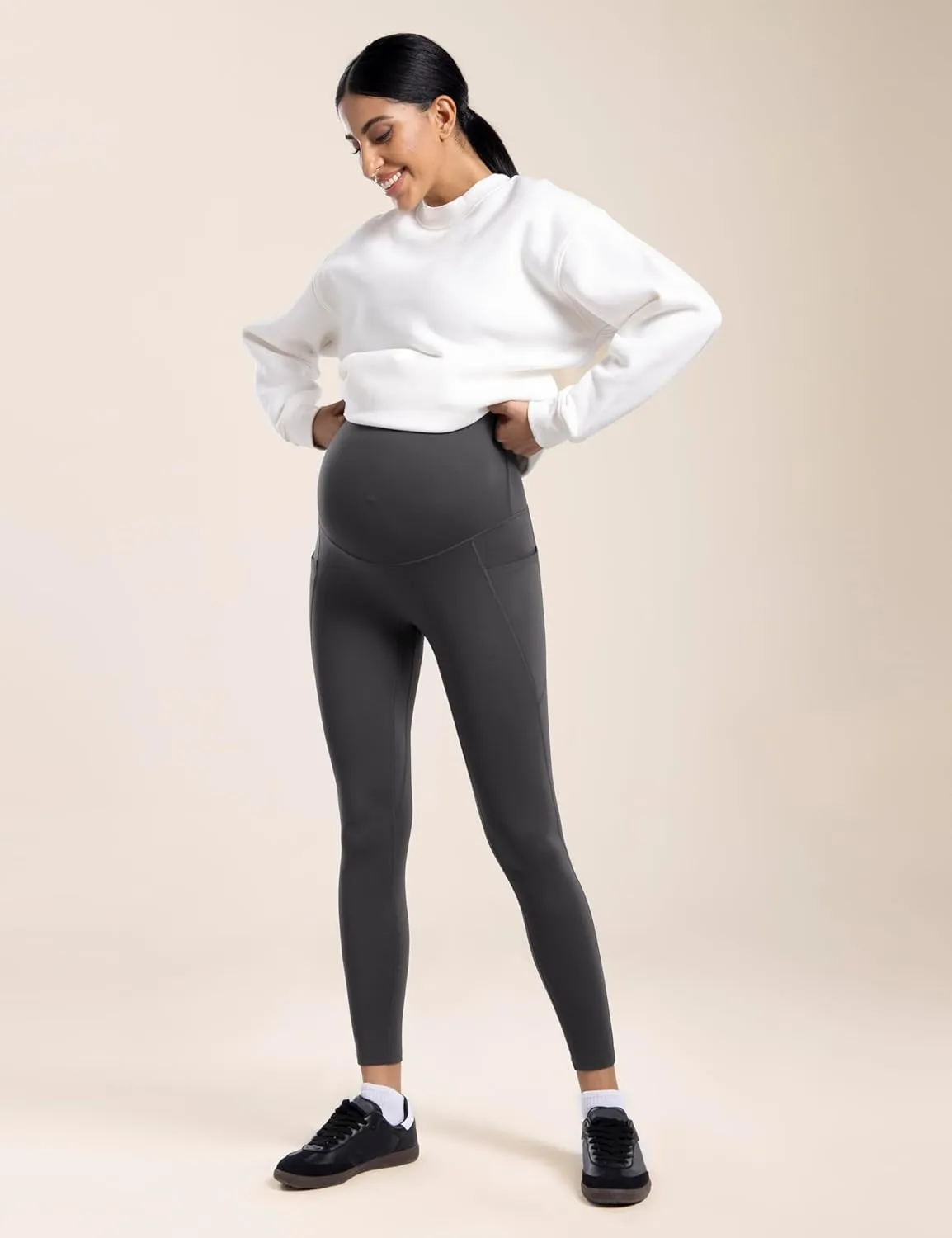 POSHDIVAH Women's Maternity Fleece Lined Leggings with Pockets Over The Belly Pregnancy Thermal Warm Winter Workout Pants
