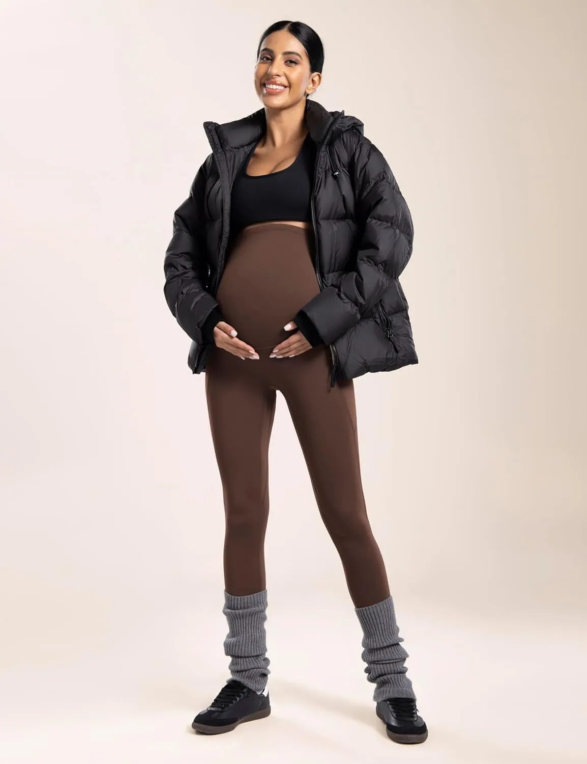 POSHDIVAH Women's Maternity Fleece Lined Leggings with Pockets Over The Belly Pregnancy Thermal Warm Winter Workout Pants