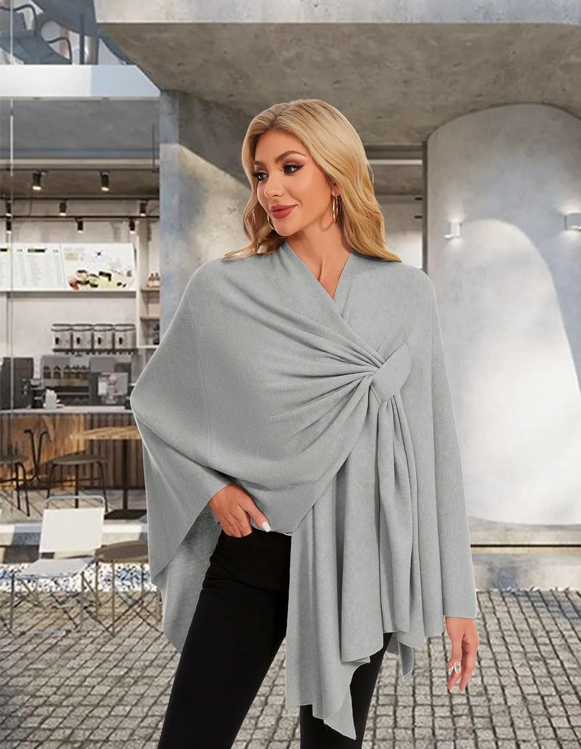 PULI Womens Elegant Cross Front Shawl Wraps Knitted Ponchos Cape Light Weight Poncho Sweater Soft Warm Travel Wraps