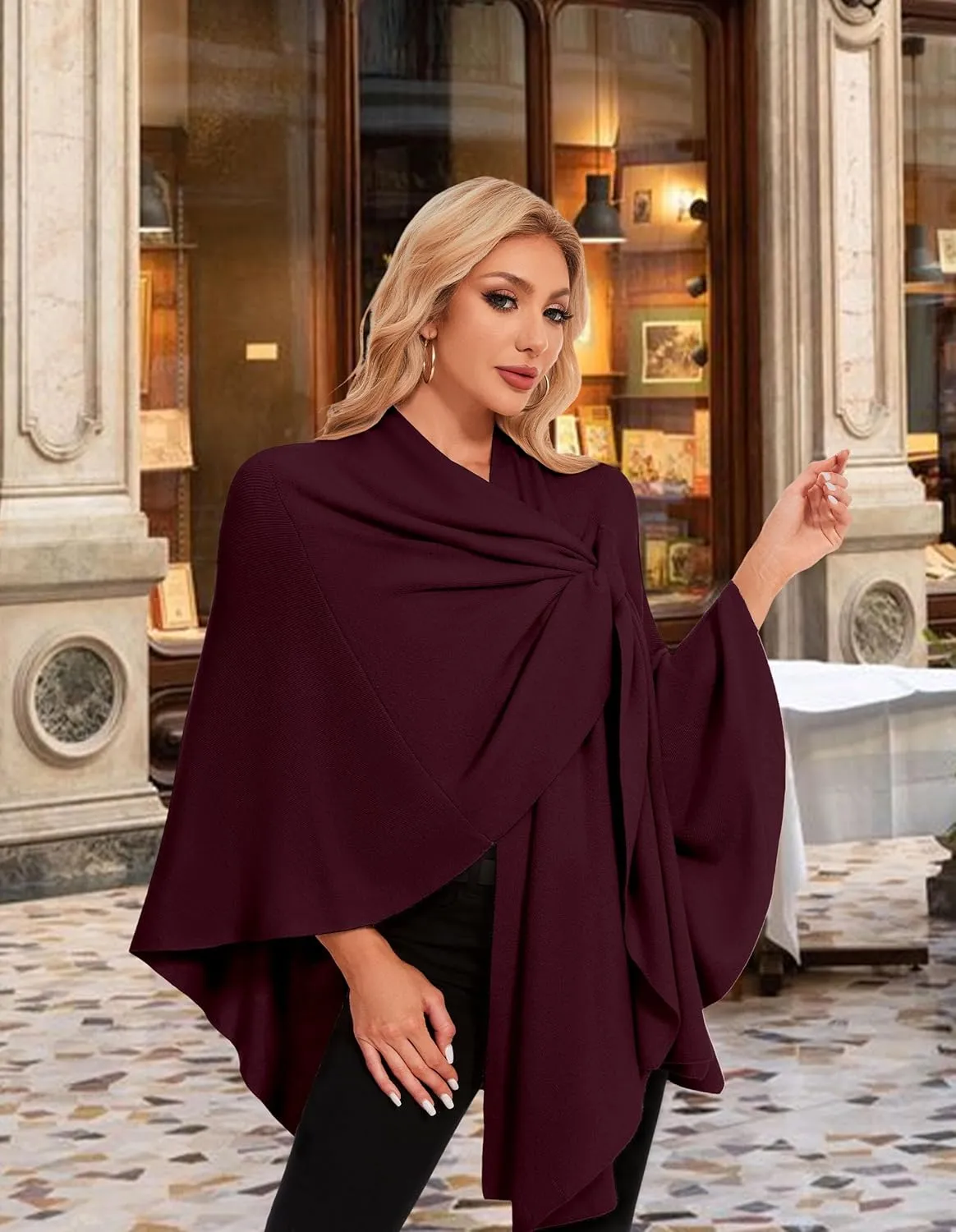PULI Womens Elegant Cross Front Shawl Wraps Knitted Ponchos Cape Light Weight Poncho Sweater Soft Warm Travel Wraps