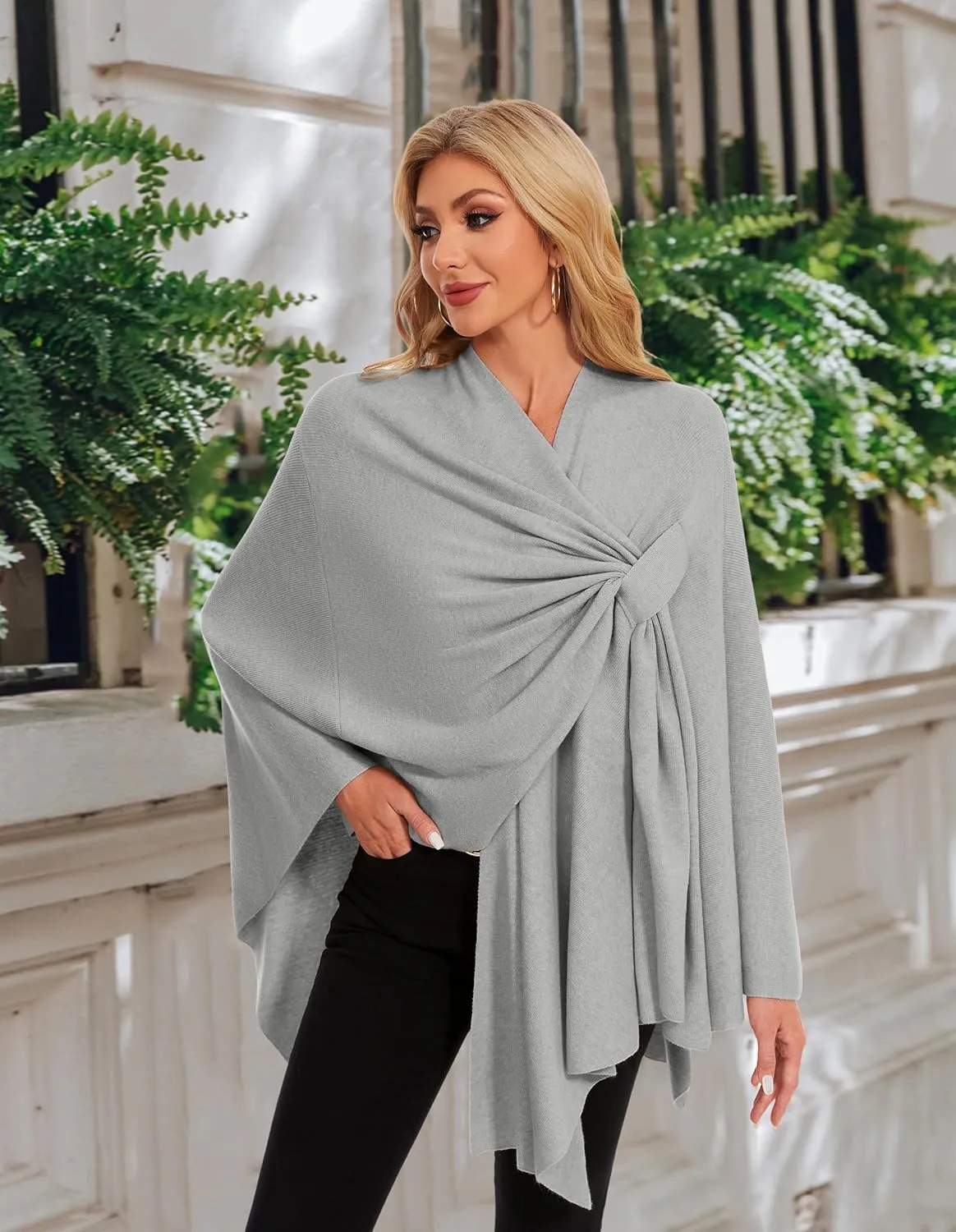 PULI Womens Elegant Cross Front Shawl Wraps Knitted Ponchos Cape Light Weight Poncho Sweater Soft Warm Travel Wraps
