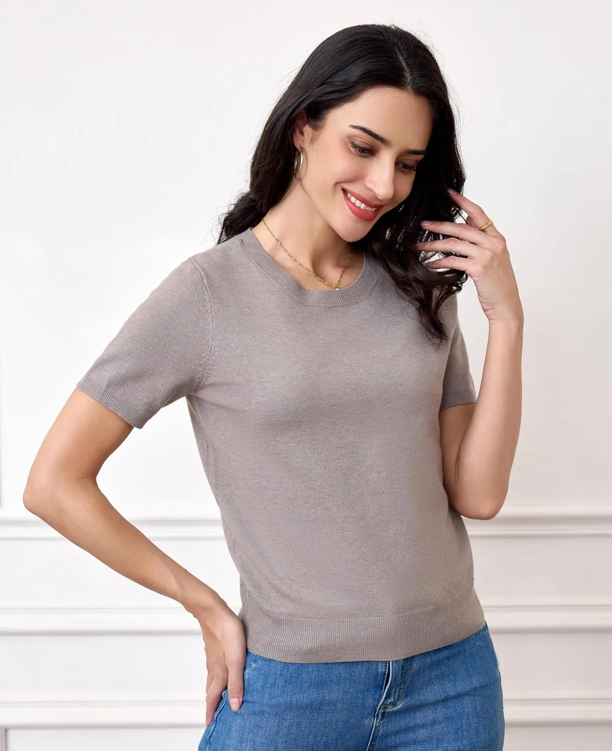 QJQ Women's Short Sleeve Sweater Crewneck Ribbed Knit Tops Business Casual Blouses T Shirt Summer Basic Tee