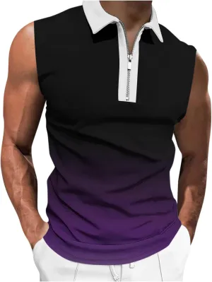Quarter Zip Collared Pullover Tops Men Muscle Fit Sleeveless Shirts Tie Dye Vintage Tees Summer Beach Active Tank Top