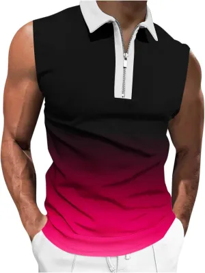 Quarter Zip Collared Pullover Tops Men Muscle Fit Sleeveless Shirts Tie Dye Vintage Tees Summer Beach Active Tank Top