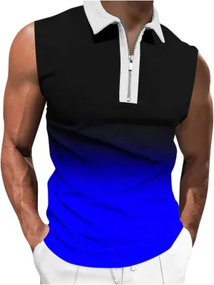 Quarter Zip Collared Pullover Tops Men Muscle Fit Sleeveless Shirts Tie Dye Vintage Tees Summer Beach Active Tank Top