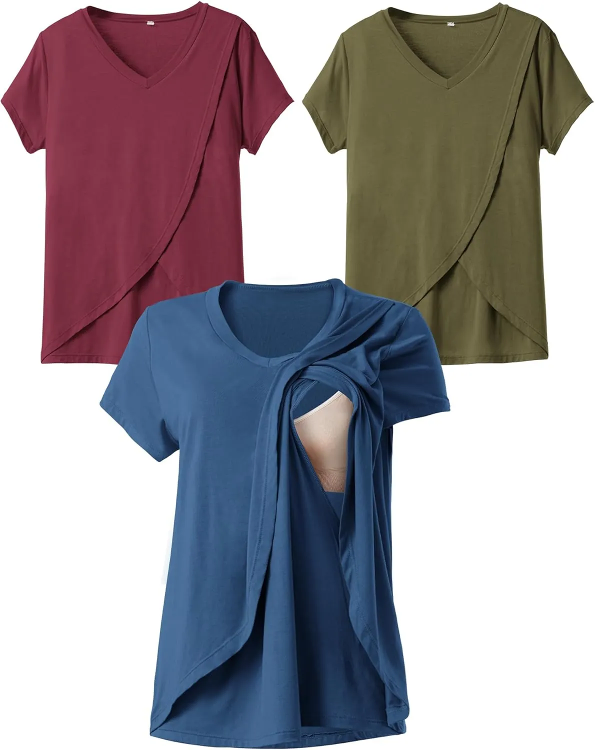 Rnxrbb V Neck Nursing Tops for Breastfeeding Tshirts Summer Postpartum Clothes Sets Short Sleeve 3 Pack Double Layer