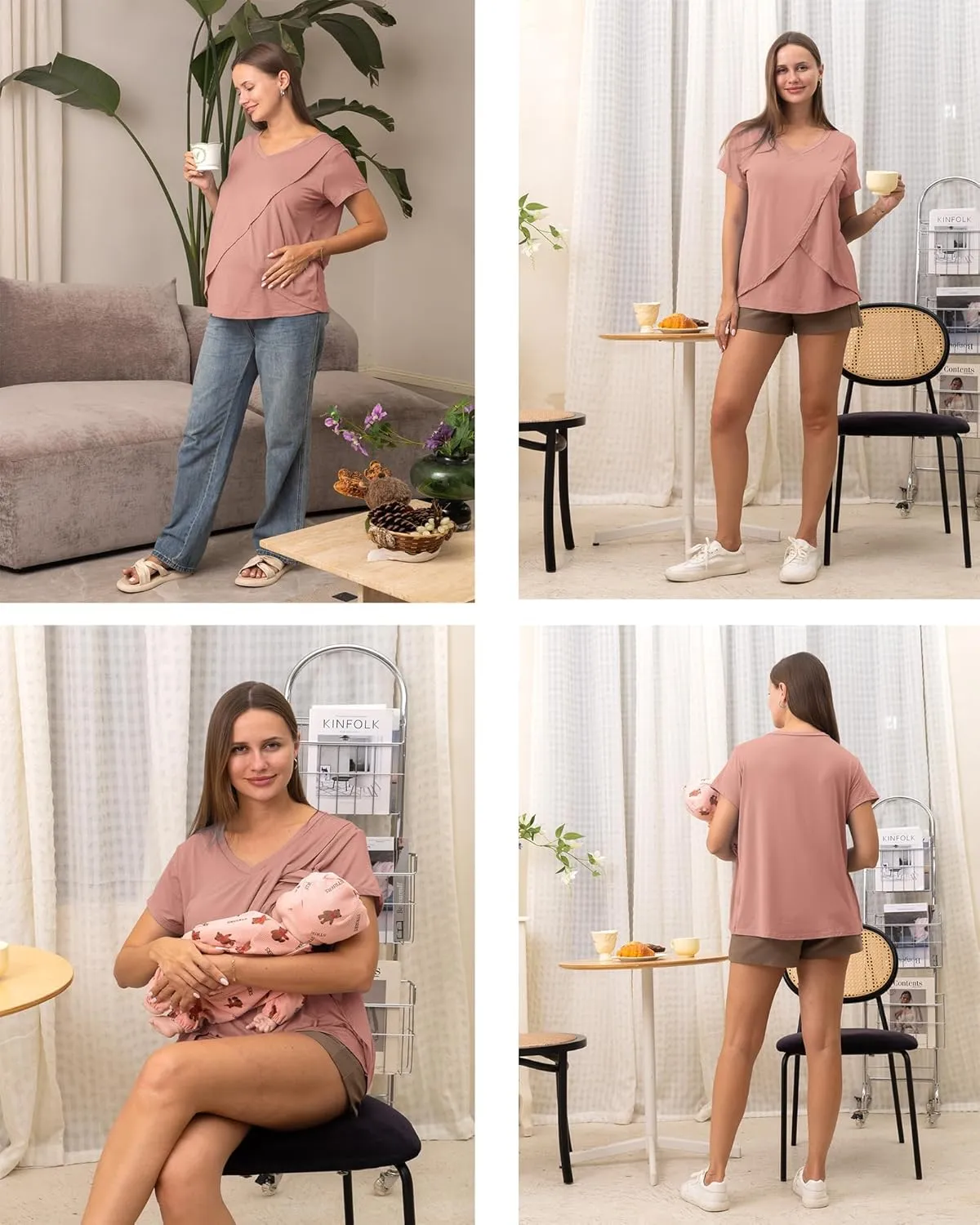 Rnxrbb V Neck Nursing Tops for Breastfeeding Tshirts Summer Postpartum Clothes Sets Short Sleeve 3 Pack Double Layer