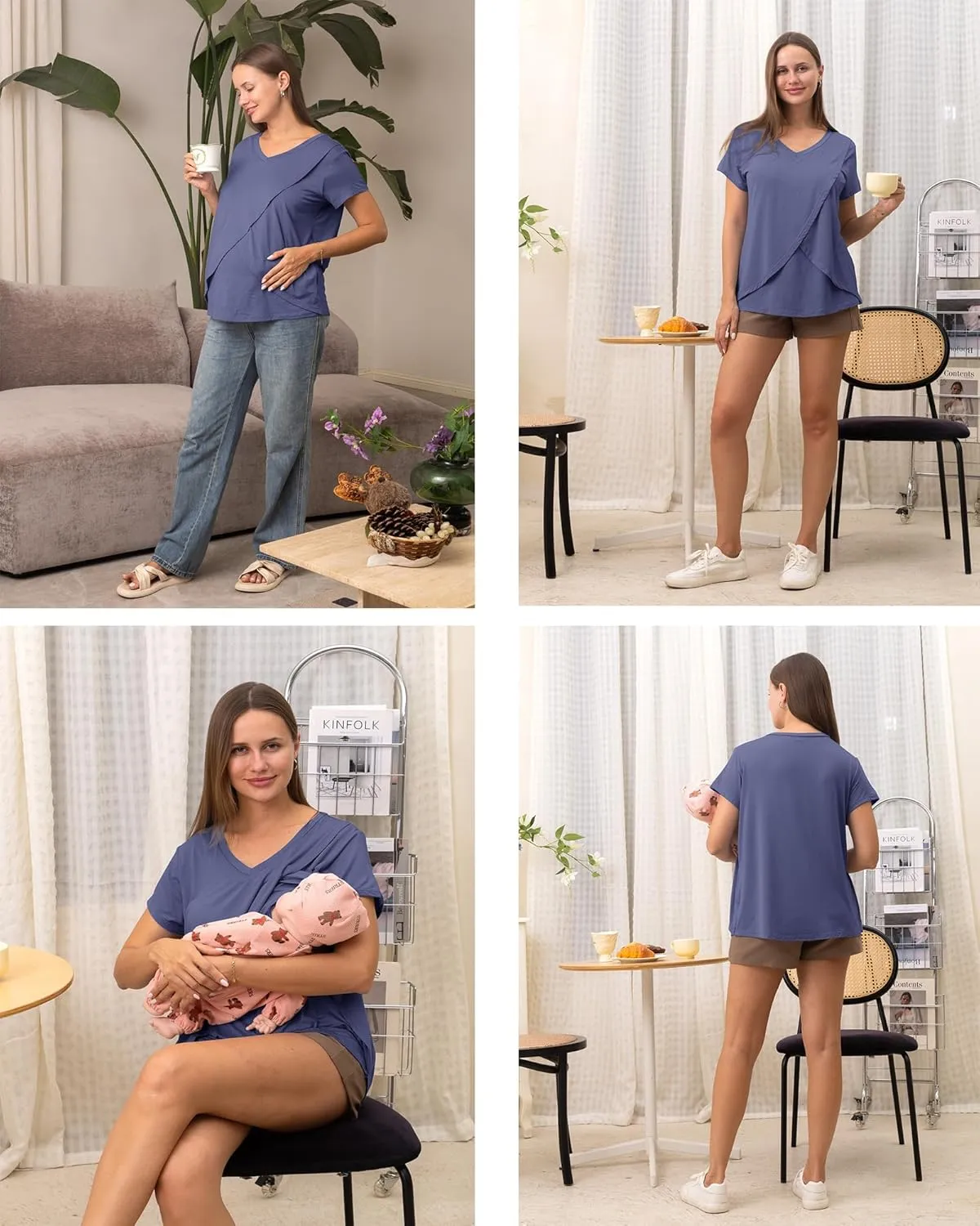 Rnxrbb V Neck Nursing Tops for Breastfeeding Tshirts Summer Postpartum Clothes Sets Short Sleeve 3 Pack Double Layer