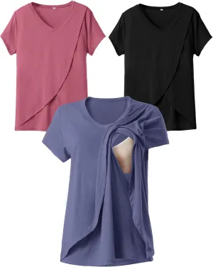 Rnxrbb V Neck Nursing Tops for Breastfeeding Tshirts Summer Postpartum Clothes Sets Short Sleeve 3 Pack Double Layer