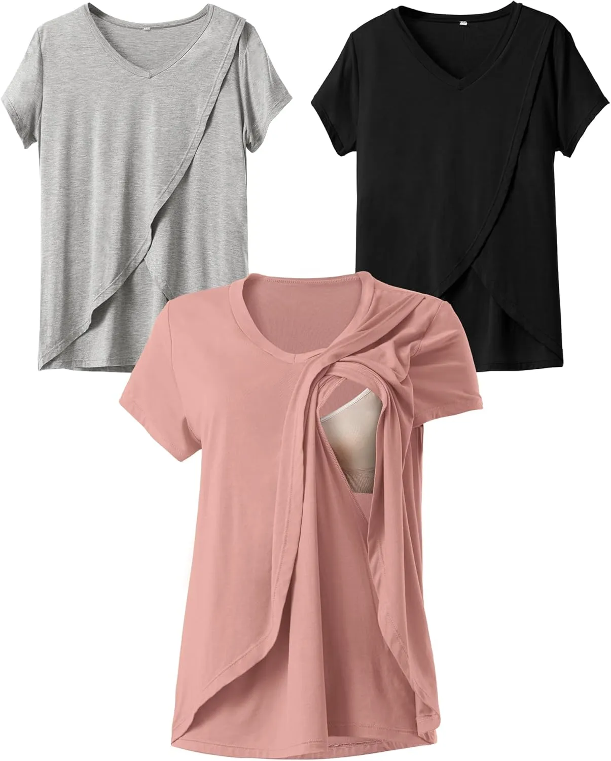 Rnxrbb V Neck Nursing Tops for Breastfeeding Tshirts Summer Postpartum Clothes Sets Short Sleeve 3 Pack Double Layer