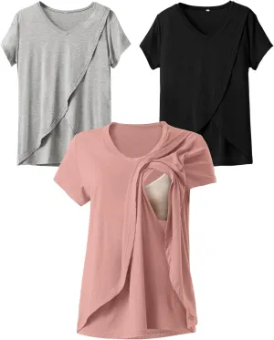 Rnxrbb V Neck Nursing Tops for Breastfeeding Tshirts Summer Postpartum Clothes Sets Short Sleeve 3 Pack Double Layer