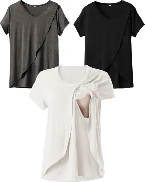 Rnxrbb V Neck Nursing Tops for Breastfeeding Tshirts Summer Postpartum Clothes Sets Short Sleeve 3 Pack Double Layer