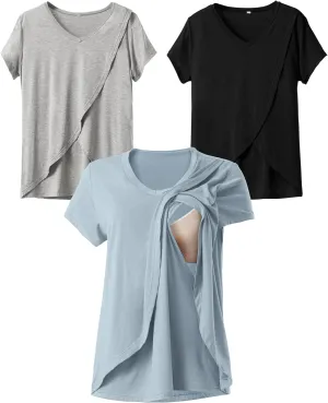 Rnxrbb V Neck Nursing Tops for Breastfeeding Tshirts Summer Postpartum Clothes Sets Short Sleeve 3 Pack Double Layer