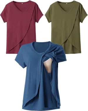 Rnxrbb V Neck Nursing Tops for Breastfeeding Tshirts Summer Postpartum Clothes Sets Short Sleeve 3 Pack Double Layer