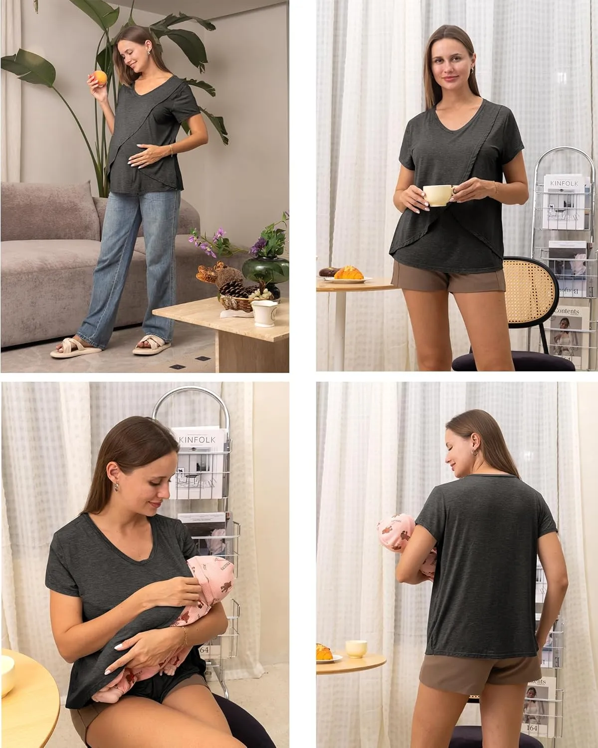 Rnxrbb V Neck Nursing Tops for Breastfeeding Tshirts Summer Postpartum Clothes Sets Short Sleeve 3 Pack Double Layer