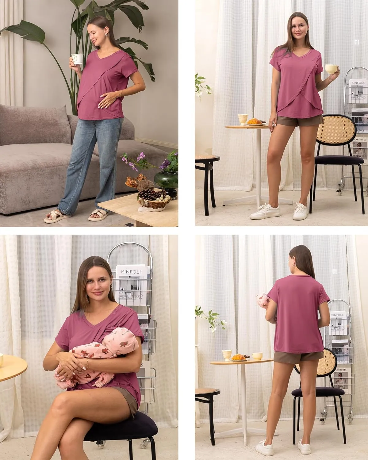 Rnxrbb V Neck Nursing Tops for Breastfeeding Tshirts Summer Postpartum Clothes Sets Short Sleeve 3 Pack Double Layer