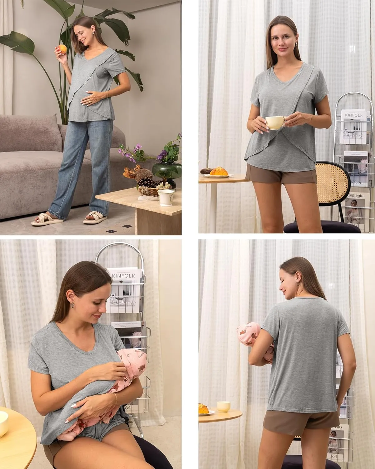 Rnxrbb V Neck Nursing Tops for Breastfeeding Tshirts Summer Postpartum Clothes Sets Short Sleeve 3 Pack Double Layer