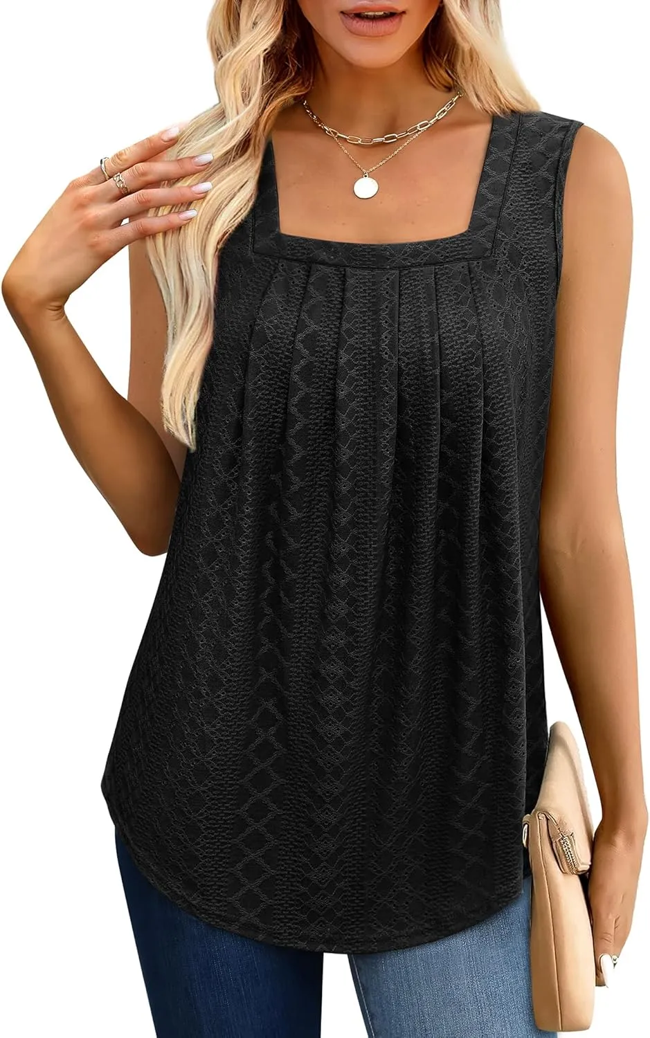 Saloogoe Tank Top for Women Loose Fit Eyelet Summer Tops Flowy Sleeveless Blouses Pleated Square Neck Curved Hem Fashion