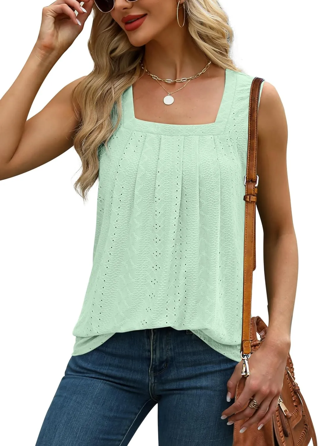 Saloogoe Tank Top for Women Loose Fit Eyelet Summer Tops Flowy Sleeveless Blouses Pleated Square Neck Curved Hem Fashion