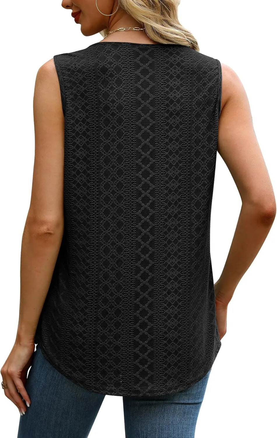 Saloogoe Tank Top for Women Loose Fit Eyelet Summer Tops Flowy Sleeveless Blouses Pleated Square Neck Curved Hem Fashion