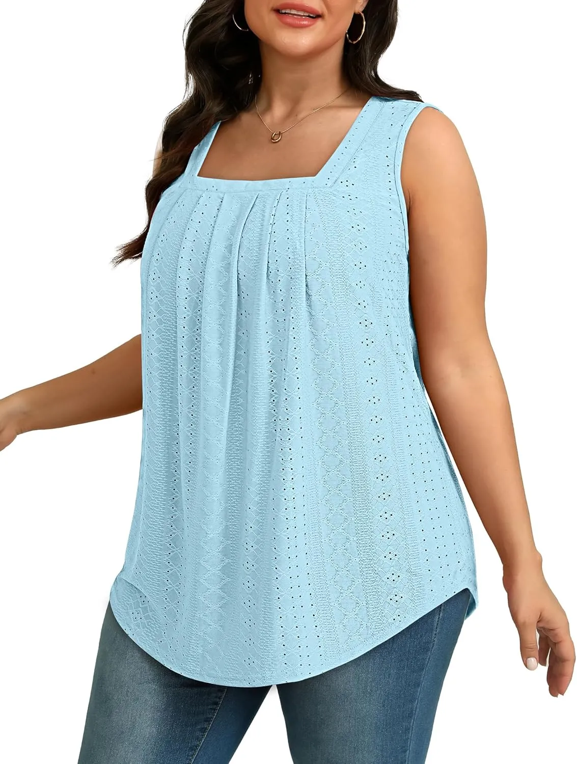 Saloogoe Tank Top for Women Loose Fit Eyelet Summer Tops Flowy Sleeveless Blouses Pleated Square Neck Curved Hem Fashion