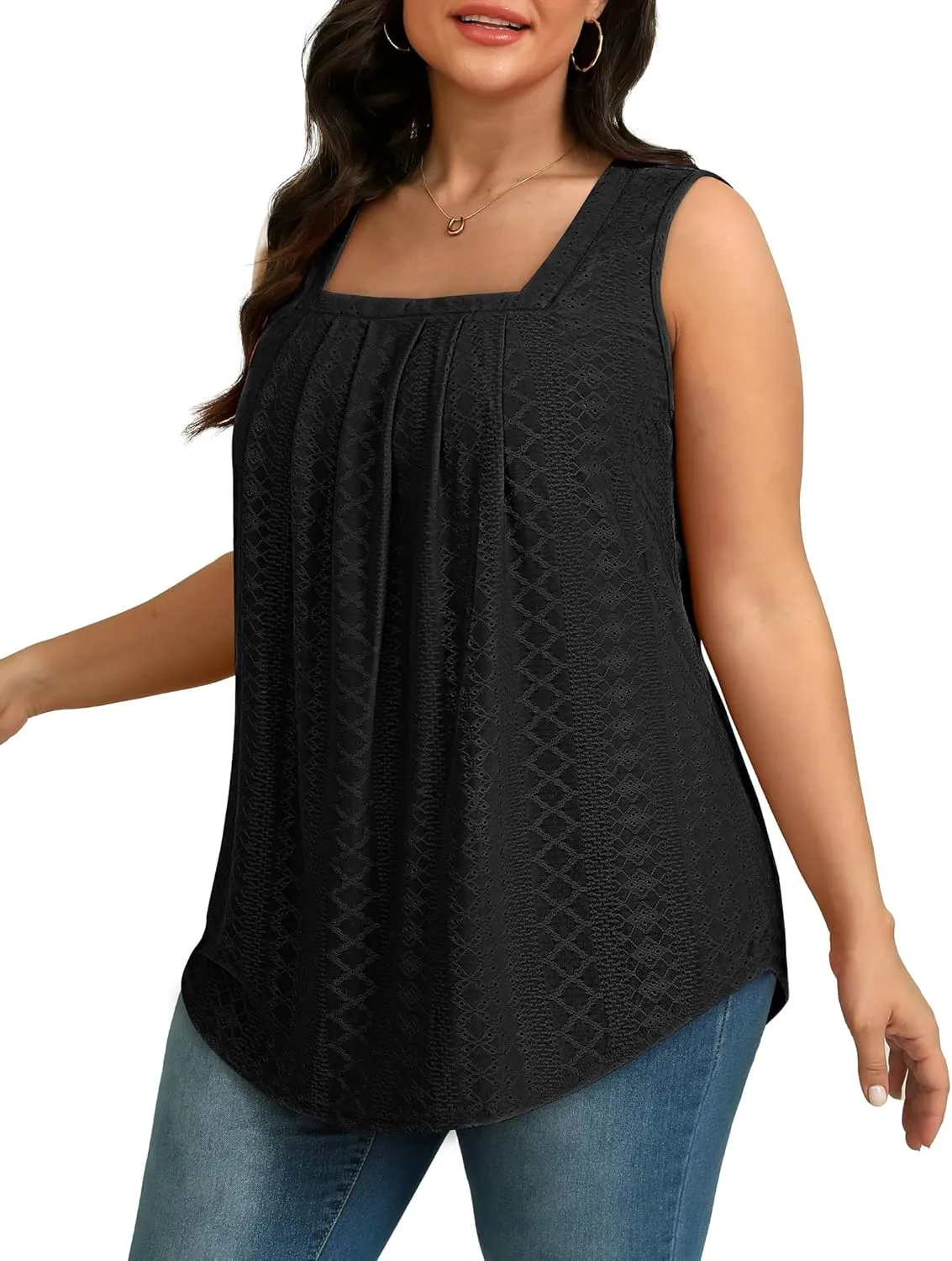 Saloogoe Tank Top for Women Loose Fit Eyelet Summer Tops Flowy Sleeveless Blouses Pleated Square Neck Curved Hem Fashion