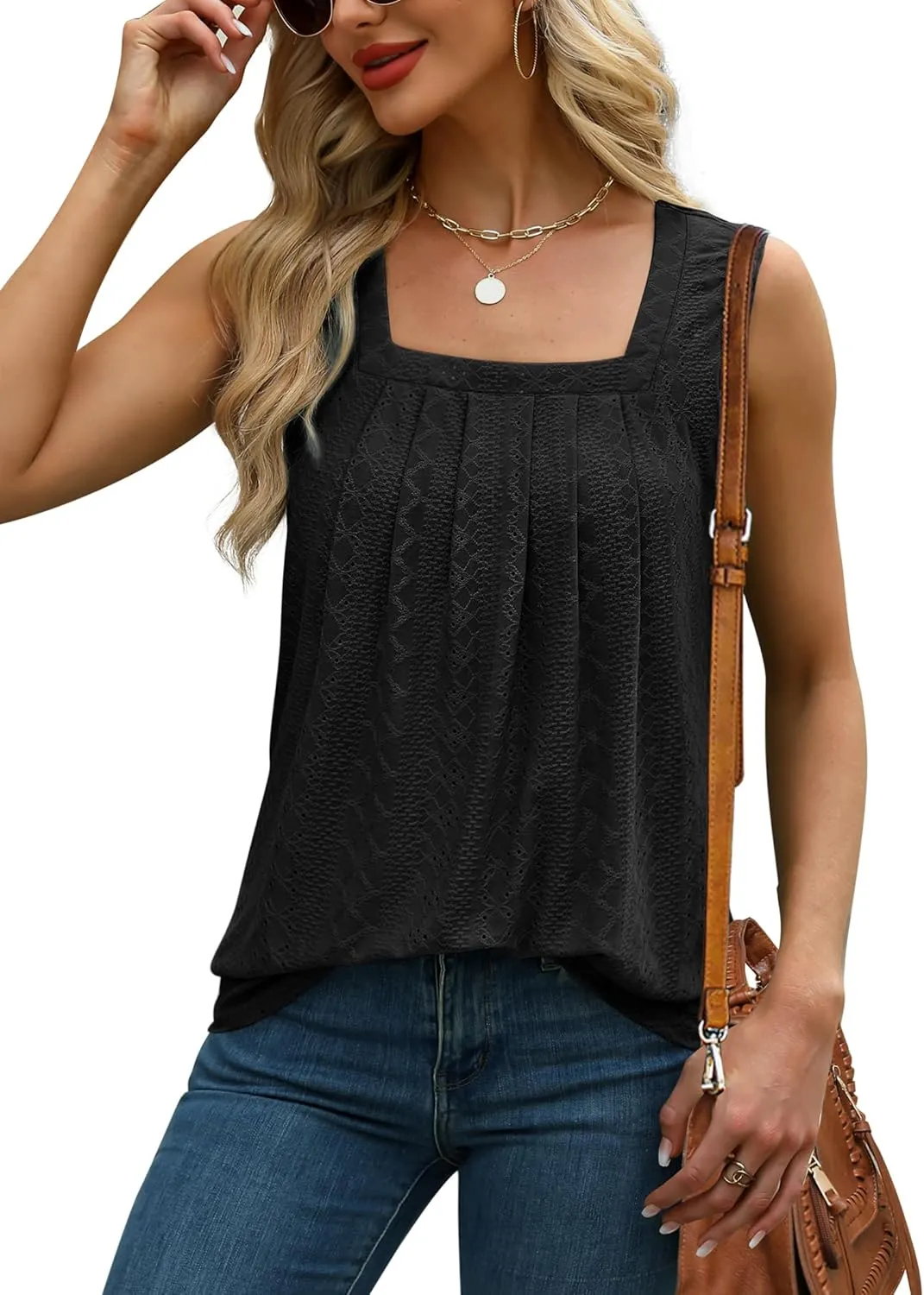 Saloogoe Tank Top for Women Loose Fit Eyelet Summer Tops Flowy Sleeveless Blouses Pleated Square Neck Curved Hem Fashion