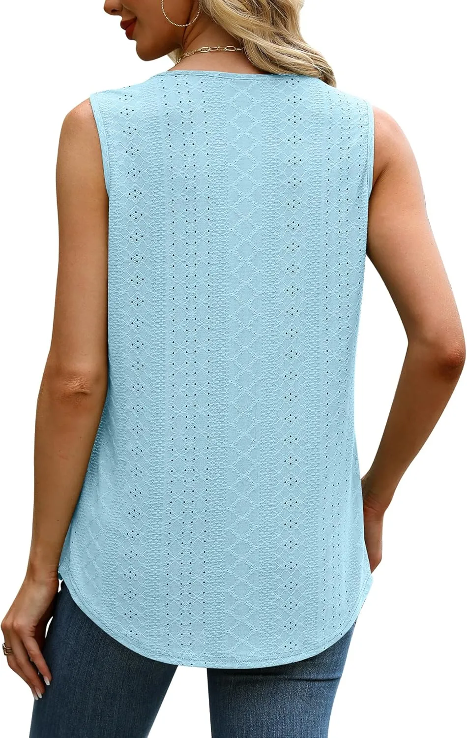 Saloogoe Tank Top for Women Loose Fit Eyelet Summer Tops Flowy Sleeveless Blouses Pleated Square Neck Curved Hem Fashion