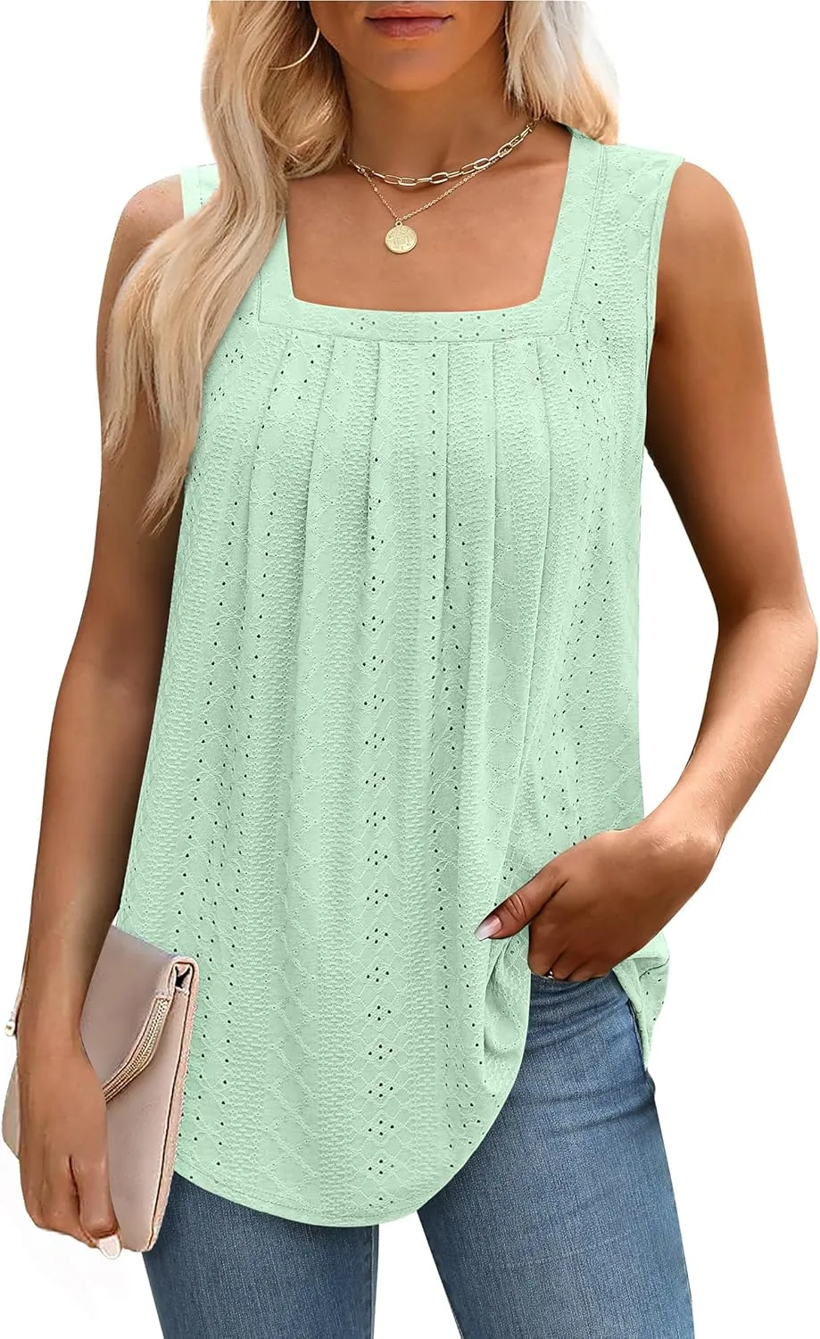 Saloogoe Tank Top for Women Loose Fit Eyelet Summer Tops Flowy Sleeveless Blouses Pleated Square Neck Curved Hem Fashion