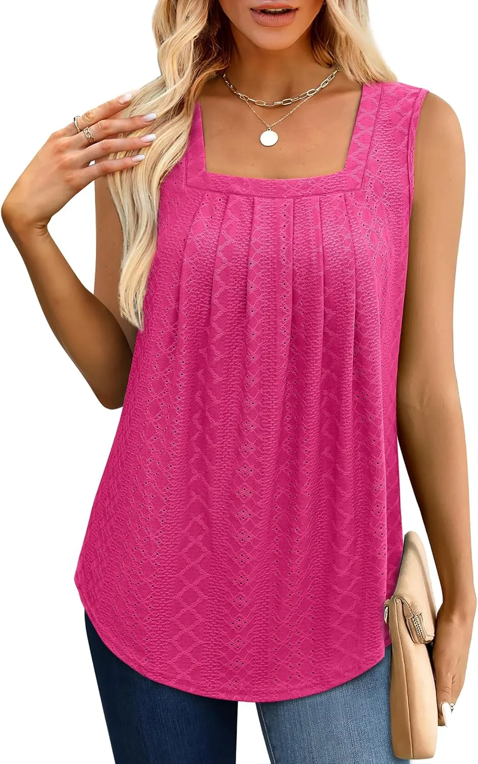 Saloogoe Tank Top for Women Loose Fit Eyelet Summer Tops Flowy Sleeveless Blouses Pleated Square Neck Curved Hem Fashion