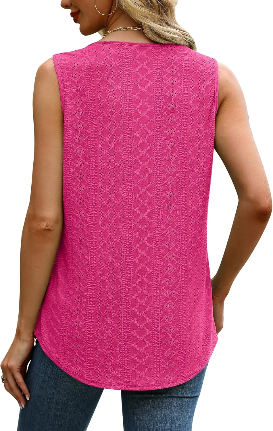 Saloogoe Tank Top for Women Loose Fit Eyelet Summer Tops Flowy Sleeveless Blouses Pleated Square Neck Curved Hem Fashion