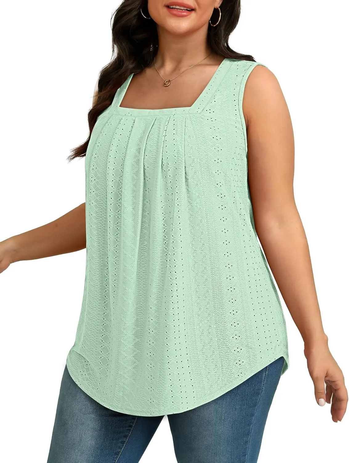 Saloogoe Tank Top for Women Loose Fit Eyelet Summer Tops Flowy Sleeveless Blouses Pleated Square Neck Curved Hem Fashion