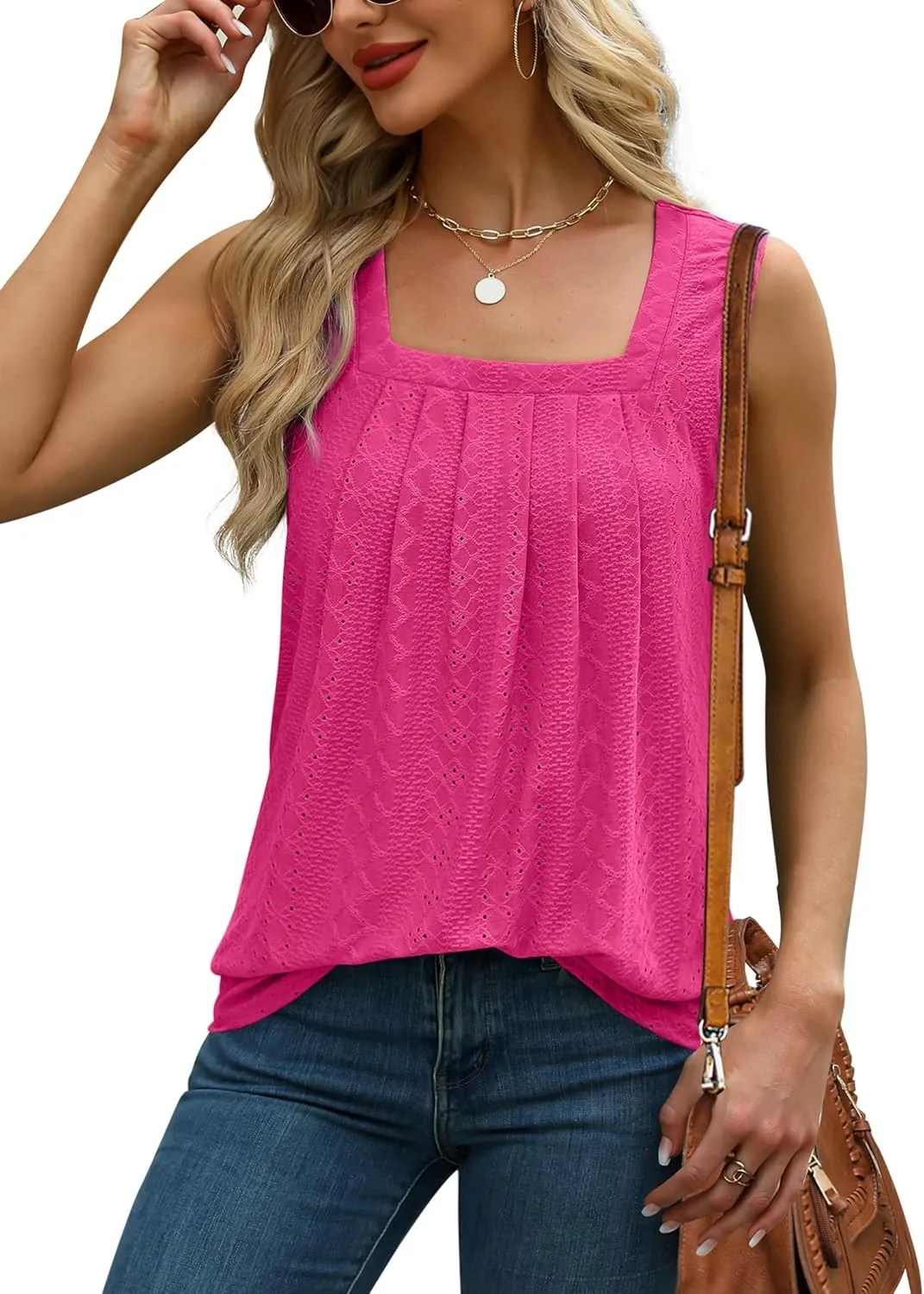 Saloogoe Tank Top for Women Loose Fit Eyelet Summer Tops Flowy Sleeveless Blouses Pleated Square Neck Curved Hem Fashion